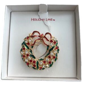 Vintage Holiday Lane Christmas Wreath Pin Brooch with Bow and Crystals in box